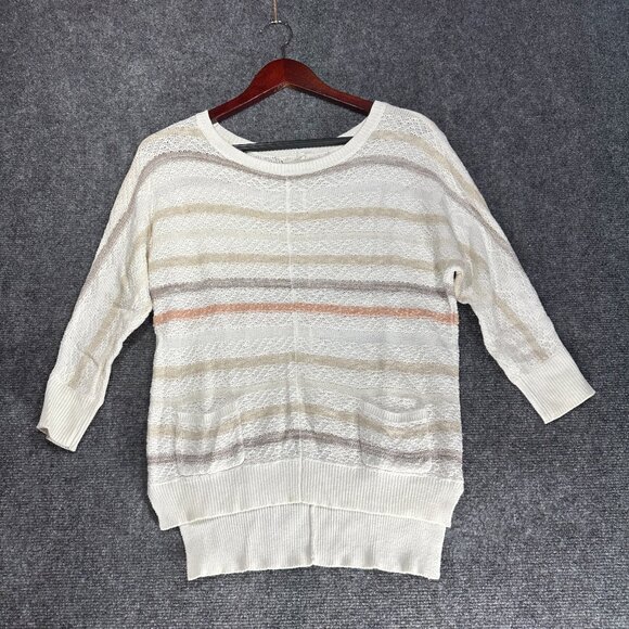 Ann Taylor LOFT Sweater Women XS White Striped Loose Knit Cotton Linen Pockets - Picture 1 of 9